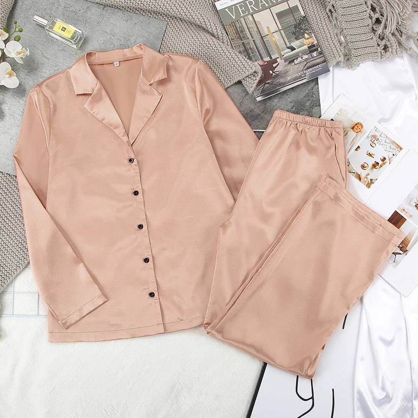 

HECHAN Black Sleepwear Female Satin 2 Piece Set Solid Women Pajamas Loose Pants Casual Home Suit Sets Nightwear Winter Pocket