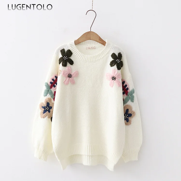 Lugentolo Women's Sweater Autumn and Winter Casual Sen Small Fresh Big Beaded Head Wild Fashion Knit | Женская одежда