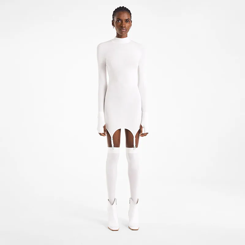 

Sexy Women's Dress With Hook Socks Solid Color Long Sleeved Dresses Slim Fit Hip Party Club Party Mini Bodycon Black White Dress