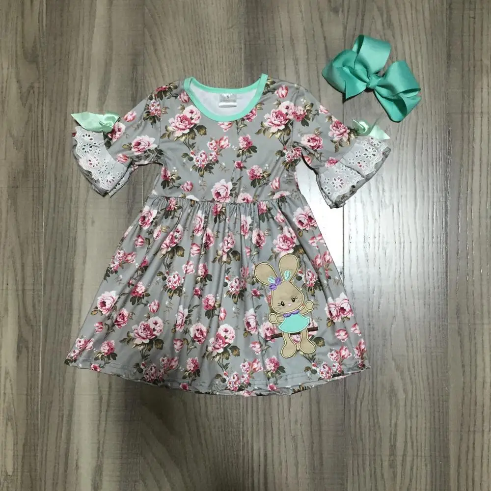 gray dress Sring/Летняя Пасхальная Одежда для маленьких девочек; одежда для детей; платье из молочного шелка; комбинезон с кроликом; короткий рукав; длина до колена; подходящие аксессуары - Цвет: gray dress