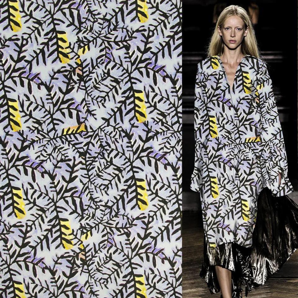 Модный синий фиолетовый дизайн 100% чистый шелк крепдешин листья из ткани с