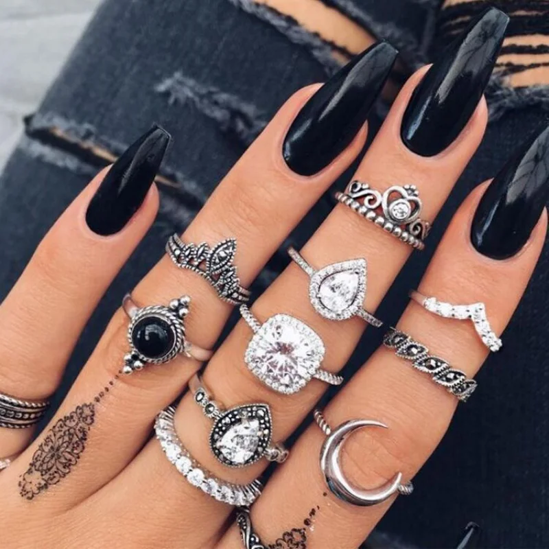 

Popular Women's Fashion Vintage Antique Girls Silver Full Diamond Glass Crystal Moon Ring Set New