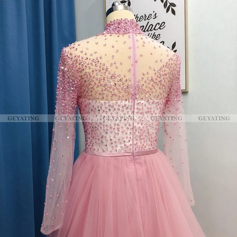 Элегантное розовое пыльное мусульманское вечернее платье с высоким воротником и