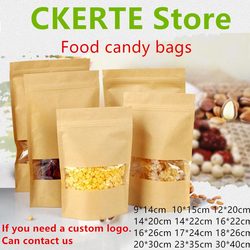 50/100 Pcs/Lot Kraft Paper Bag Window Zip lock Empty Dried Food Fruit Tea Gift package Self Sealing Zipper Stand up Bags