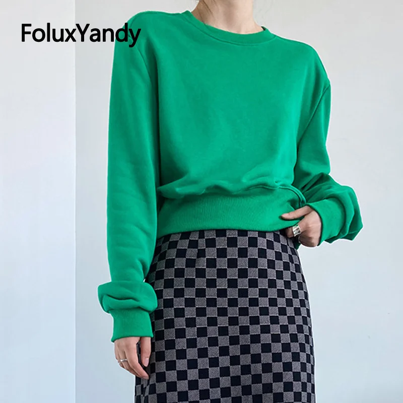 

Short Style Women Hoodie Casual O Neck Sweatshirt Solid Long Sleeve Sweatshirt Green Beige LXNZ22