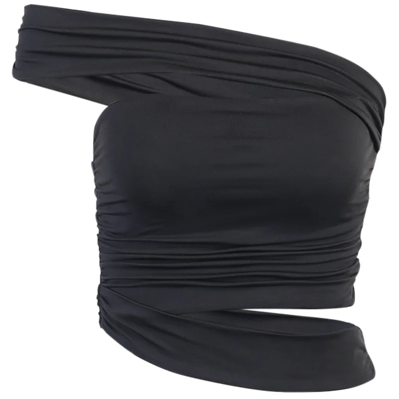 

Women Autumn Sexy Solid Color Small Vest Fold Inclined Shoulder Belt Small Vest