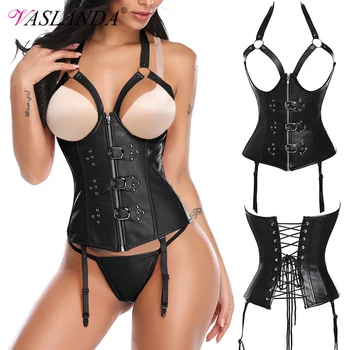 Bustiers & Corsets Leather Steampunk Underbust Corsets with Garters Belt Lace Up Boned Bustiers Tops Sexy Lingerie Set Nightwear 1