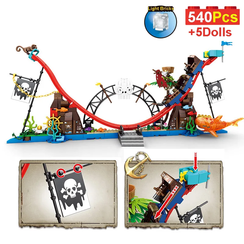 Пиратский ролик, город, карибы, 540 шт., модель американских горок строительных блоков, парк развлечений с фигурками, сборные игрушки, подарок для детей и взрослых