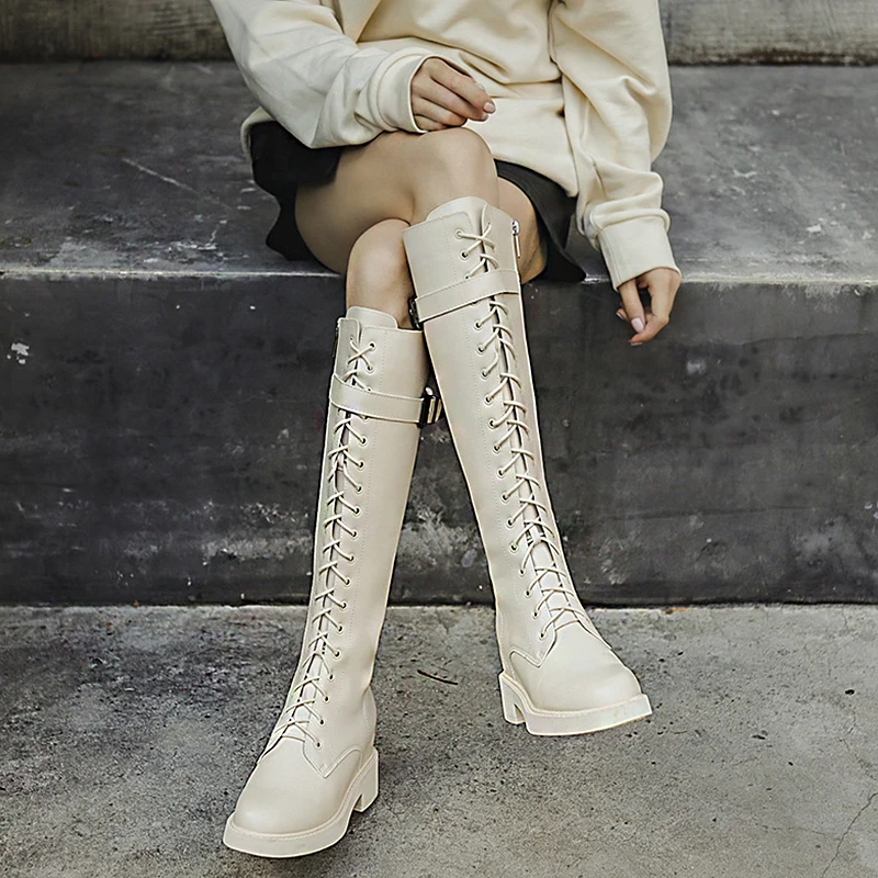 

Women's 2021 New Winter Boots Motorcycle Wind Belt Buckle Rider Boots Female Side Zipper Inner Height Increase But Knee Boots