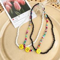 cute bohemia rainbow beads necklaces korean small beaded smile face choker necklace for women fashion collar clavicle necklace
