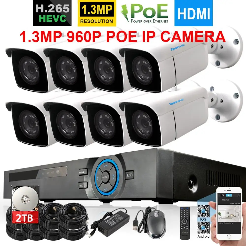 Водонепроницаемая IP камера TOPROHOMIE H.265 + 8 каналов 48 В 960P каналов|Система наблюдения|