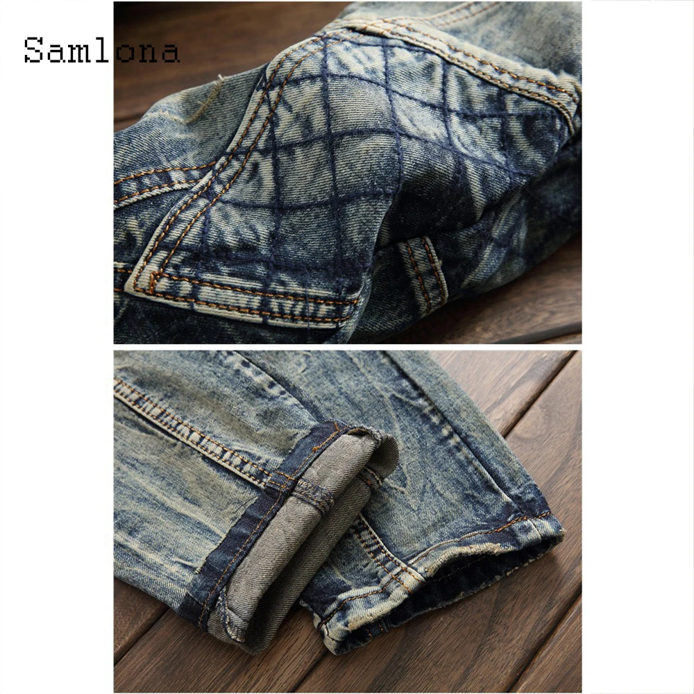 

Samlona Plus size Men Jeans Denim Pants 2021 Spring Pant Slim Bottoms Male Patchwork Denim Jeans Ripped Trousers Mens clothing