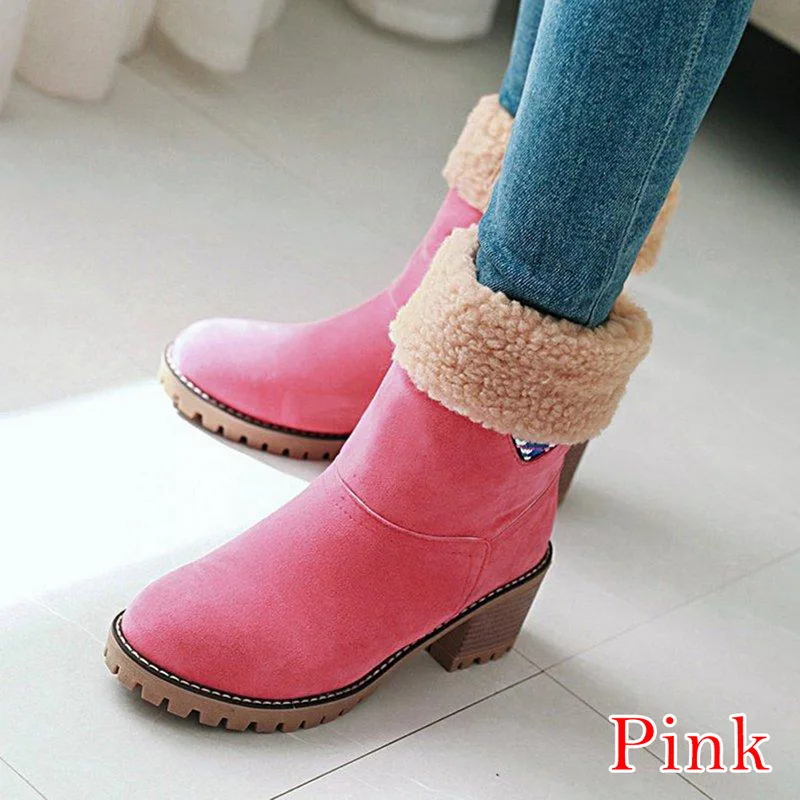 C pink LOOZYKIT/милые женские замшевые зимние сапоги; Теплая обувь с хлопковой подкладкой; обувь на среднем каблуке; Плюшевые сапоги; женская обувь; большие размеры 35-43 - Цвет: C pink