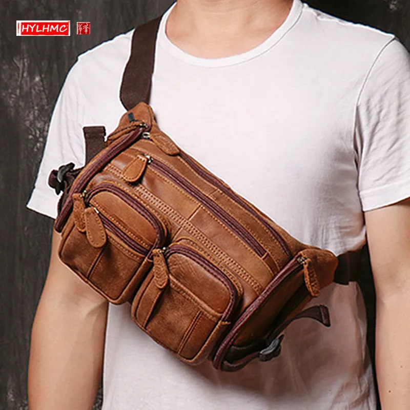 New Genuine Leather Men's Chest Bag Mobile Phone Bag Large-capacity Frosted Leather Waist Packs Sports Shoulder Messenger Bags