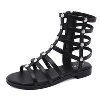 siddons 2020 black leather women gladiator sandals open toe hollow sexy ladies flats shoes rivets studs zippers female sandals