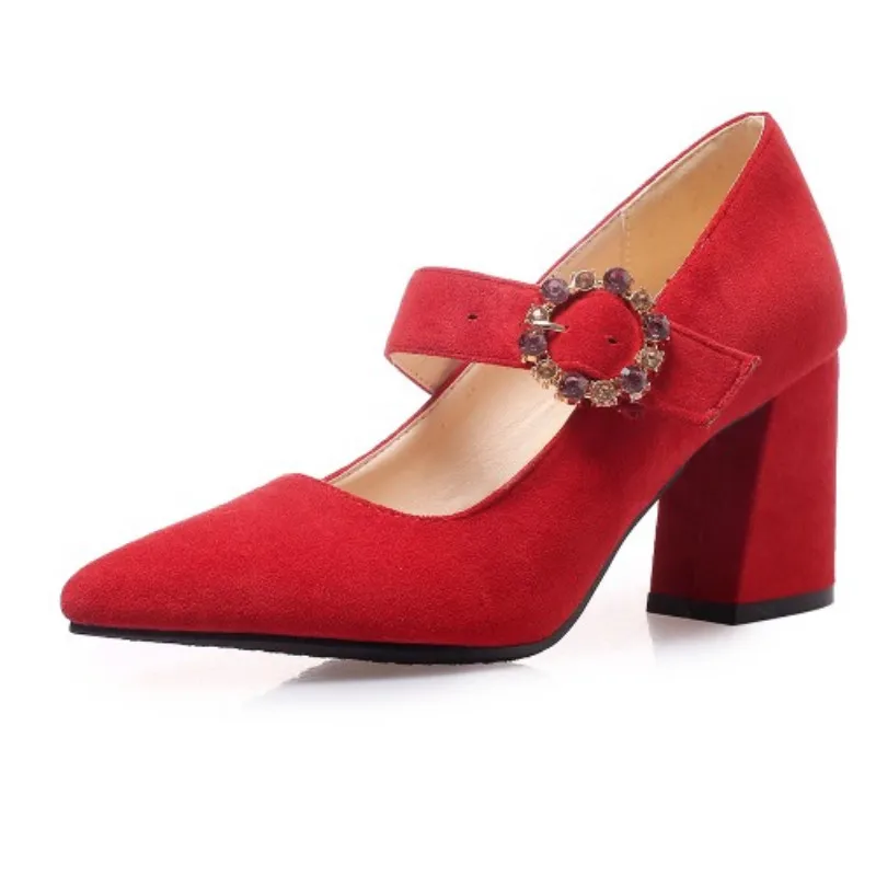 

Fanyuan 2021 spring summer pumps women shoes shallow with buckle pointed toe flock high heels woman shoes Size 32-46