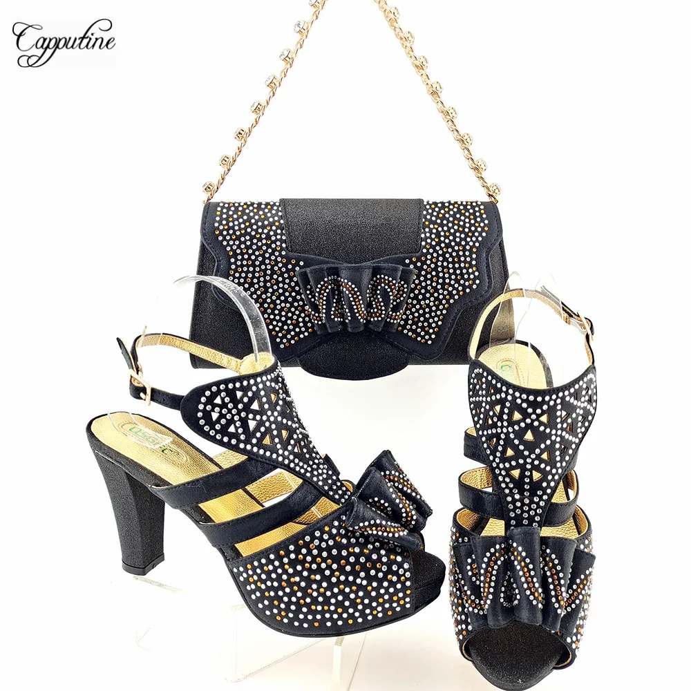

BIack Italian Ladies Shoes and Bag To Match with Rhinestone African Nigerian Women Wedding Sandals Handbag Set MM1129 10CM