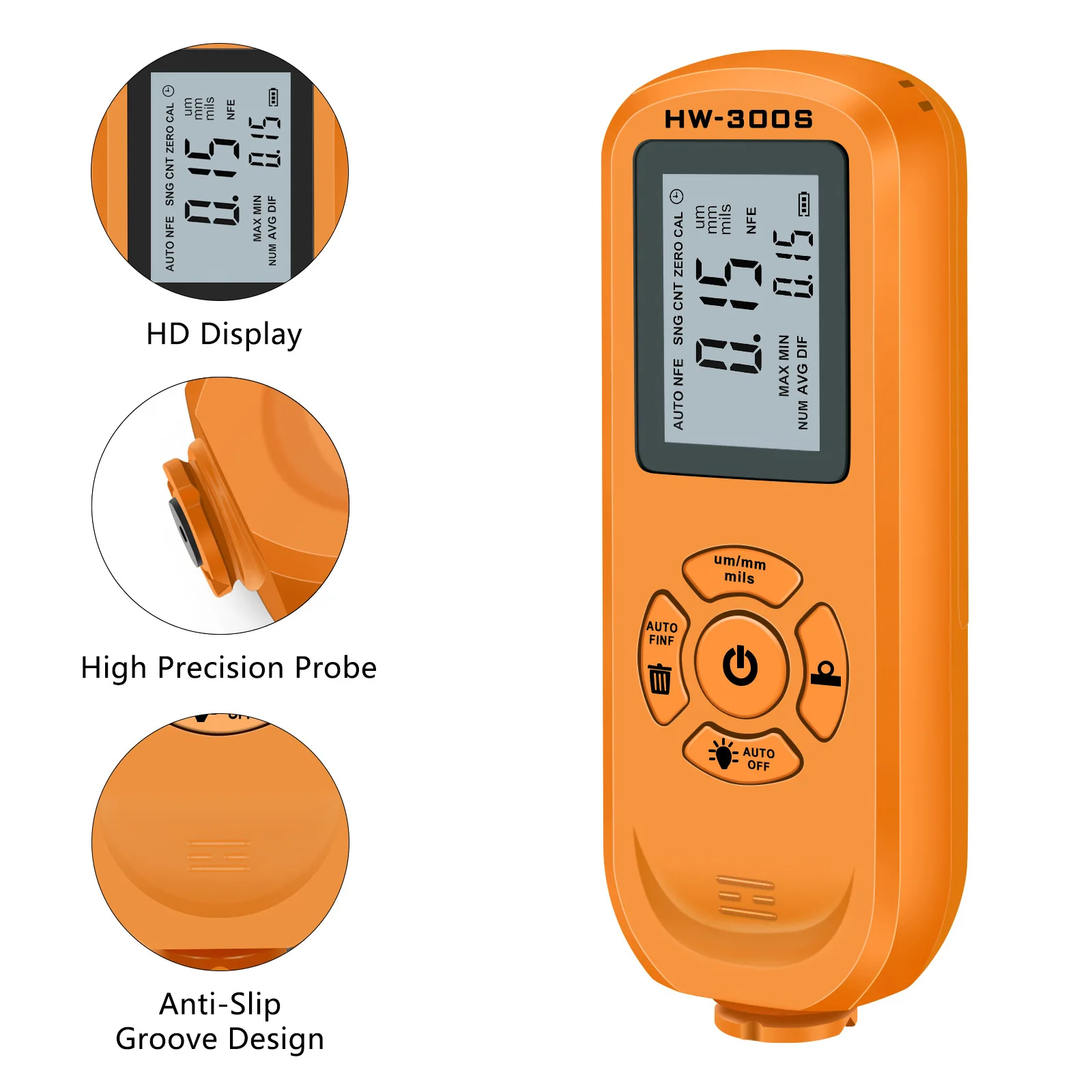 

HW-300S Digital Backlight LCD Film Thickness Meter Car Paint Thickness Tester Coating Thickness Gauge 0-2000UM Measuring Tool