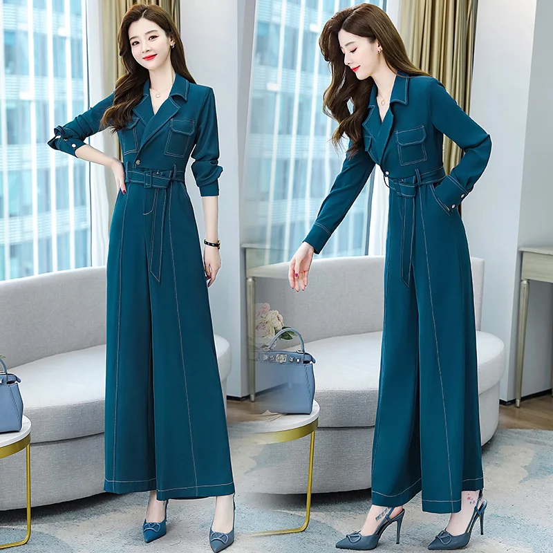 Женский полосатый комбинезон Длинный свободный с отложным воротником и длинными