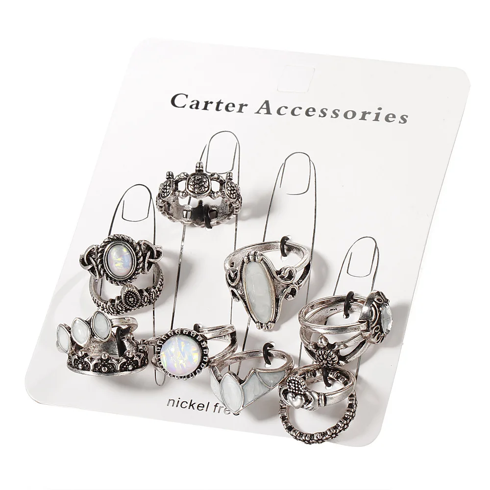 

Cross-border European And American Antique Carving Exaggerated Gem Turtle 12-piece Ring Set Set Combination Joint Ring