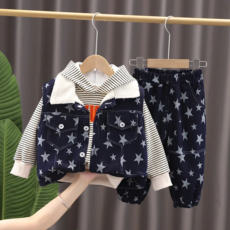 

Winter Baby Clothing Set Long Sleeve Striped Fleece Hoodies Denim Vest Pants 3pcs Newborns Boy Costume Thicken Warm Infants Suit