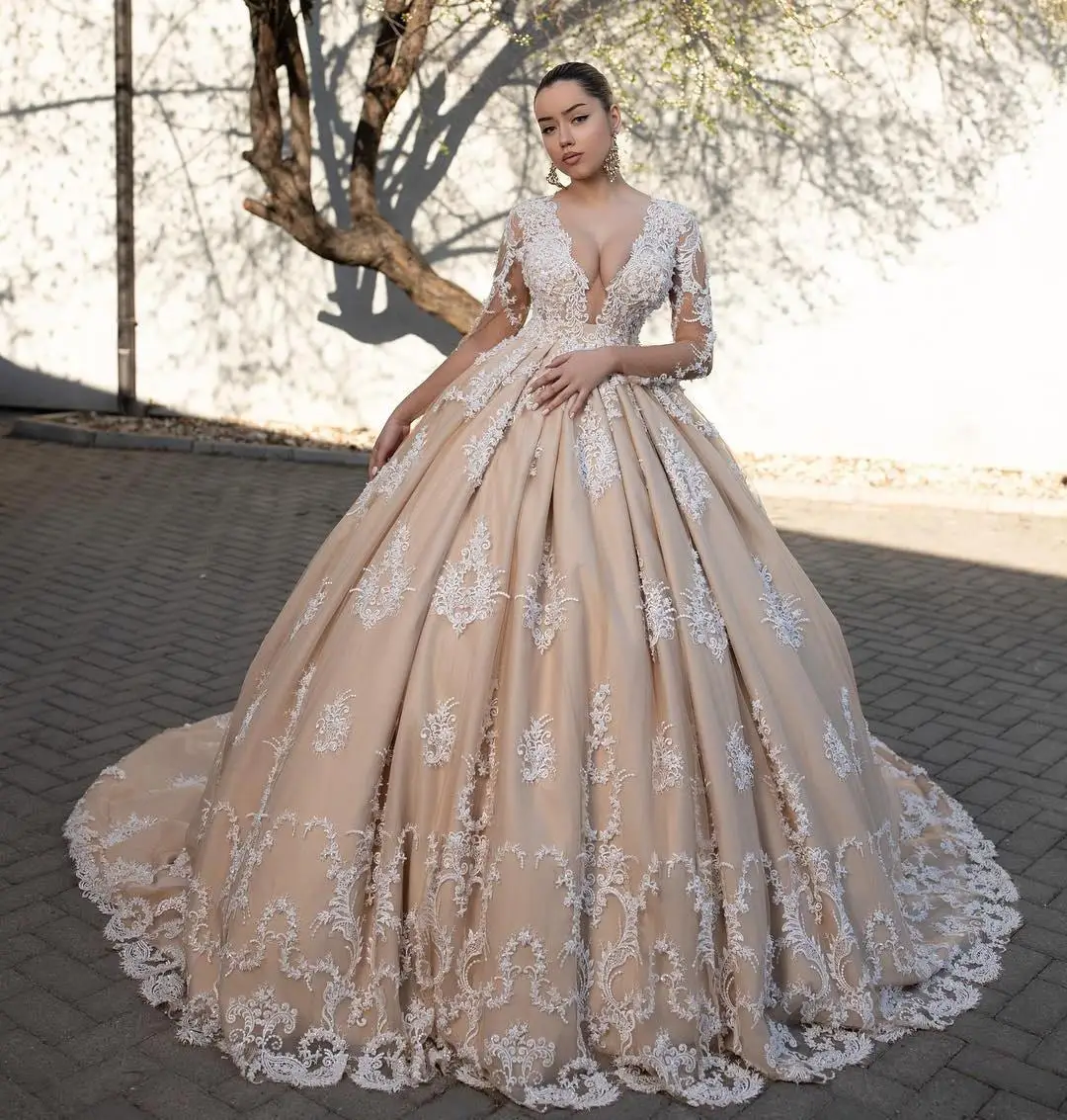 Кружевное бальное платье цвета шампанского свадебные платья расшитые бисером с глубоким v образным вырезом
