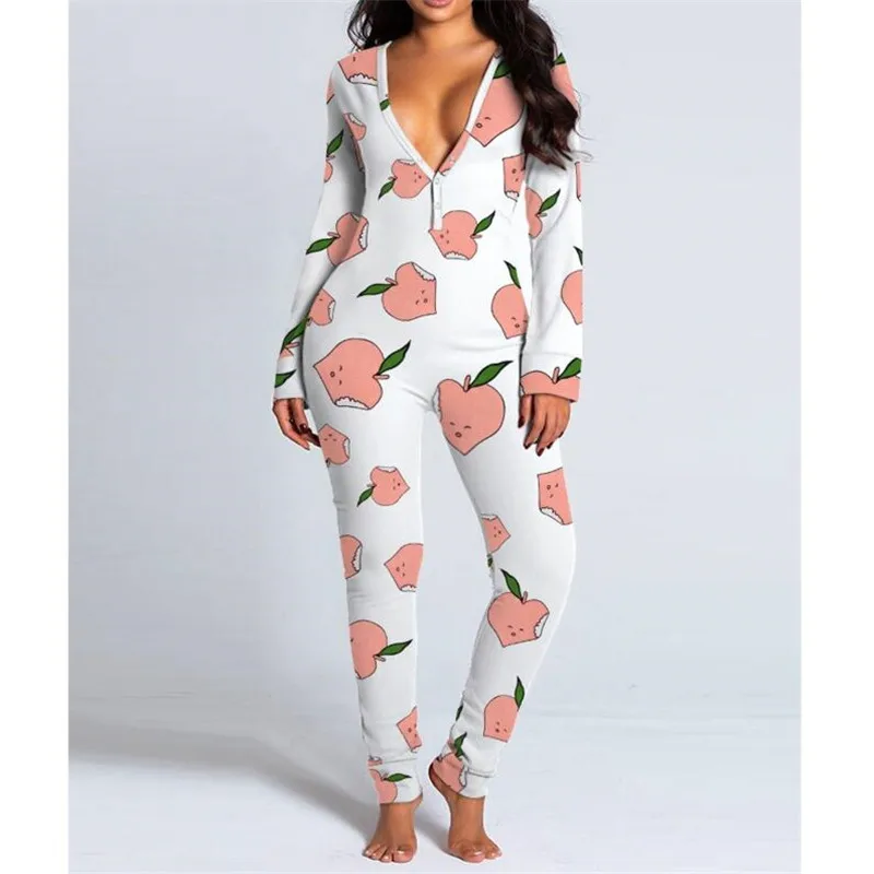 

2021 New V-neck Buttons Up Sexy Romper Women Long Sleeve Long Jumpsuits Autumn Fruits Print Sleepwear Solid Back Flap Sleepwear