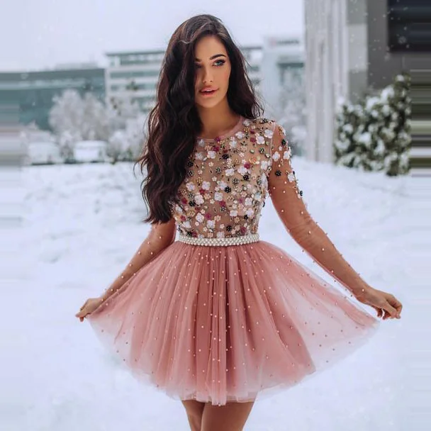 

Custom Made Short Homecoming Dresses A-line 3D Handmade Flowers Beadings Long Sleeves Scoop Neck Homecoming Gala Skirts