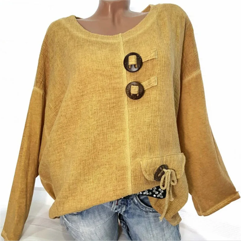 2019 Новая женская рубашка из хлопка и льна одноцветная с круглым вырезом длинными