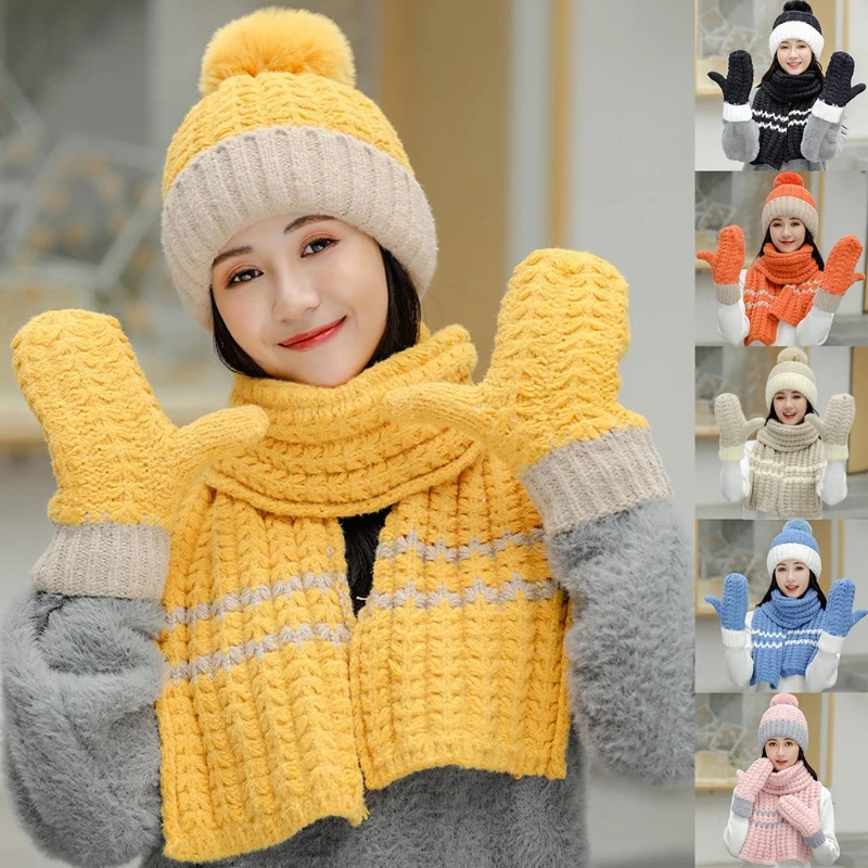 

Women Winter 3Pcs Plush Lined Contrast Color Beanie Hat Long Scarf Gloves Set 649C