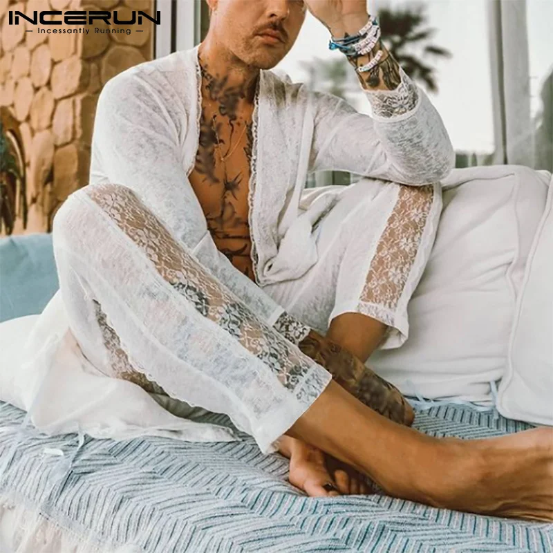 

Men Pajamas Sets Lace Patchwork Homewear See Through V Neck Long Sleeve Sleepwear & Pants 2021 Loose Men Pyjamas Suits INCERUN