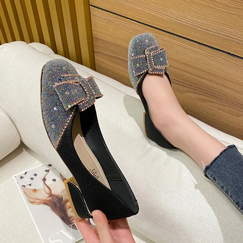 

2021 Spring New Women's Pumps Square Toe Thick Heel Crystal Fashion Shallow Mouth Shoes Medium Heel Large Size Women's Shoes