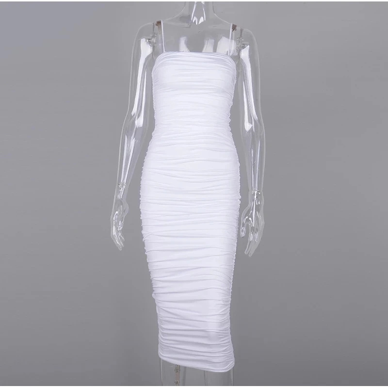 

2021 Summer 2 Layers Solid White Dress Women 2020 Elegant Straps Ruched Maxi Dress Pink Long Dress Midi Dresses Party Night Robe