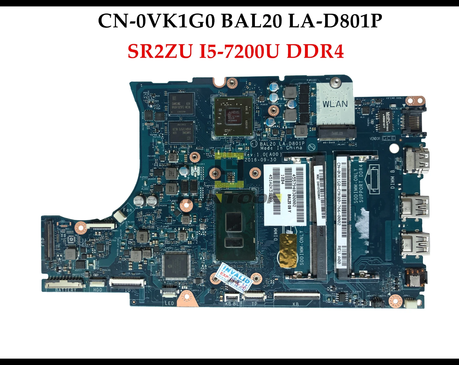 CN-0VK1G0 для Dell Inspiron 15 5567 5767 Материнская плата ноутбука VK1G0 SR2ZU I5-7200U BAL20 LA-D801P тестирование