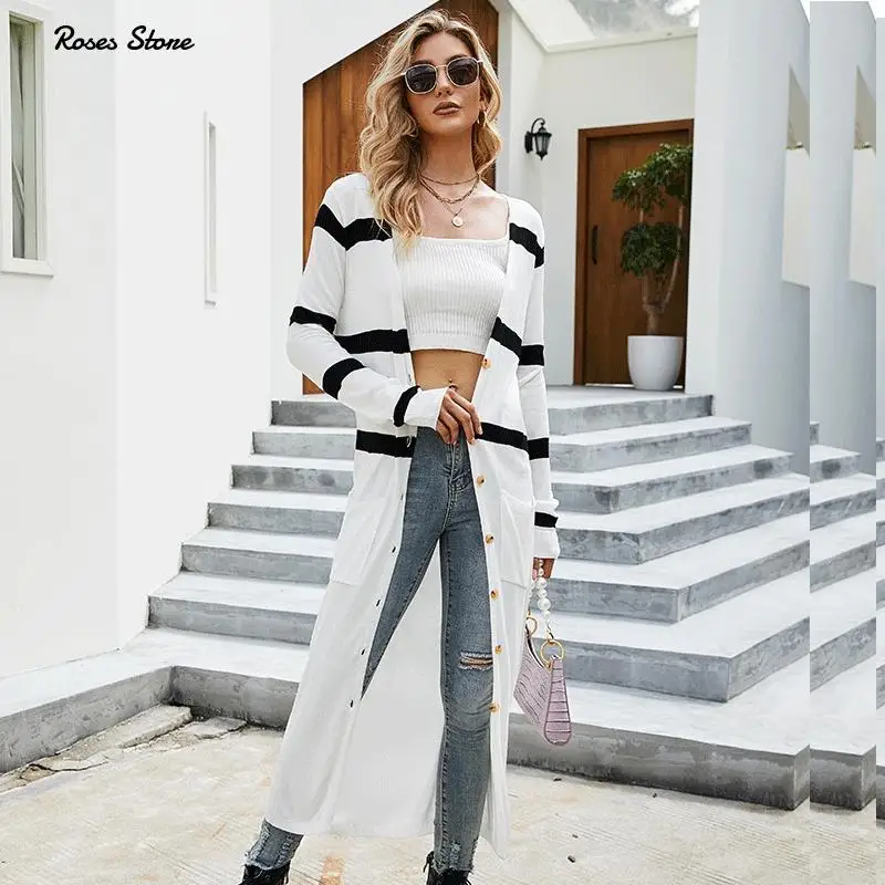 

2021 Long Lightweight V-Neck Button Down Cardigans for Women Open Front Thin Knitted Sweater Sun Protection Outwear with Pockets