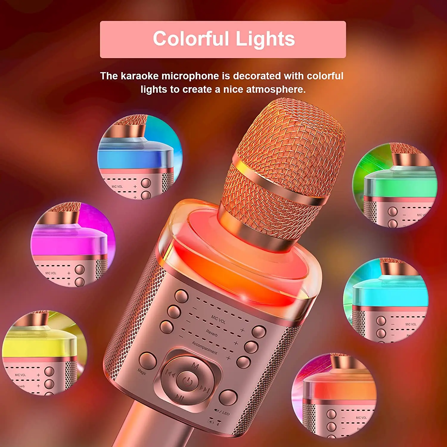 저렴한 무선 가라오케 마이크 매직 사운드 LED 조명 홈 파티 휴대용 마이크 스피커 로즈 골드 노래 기계