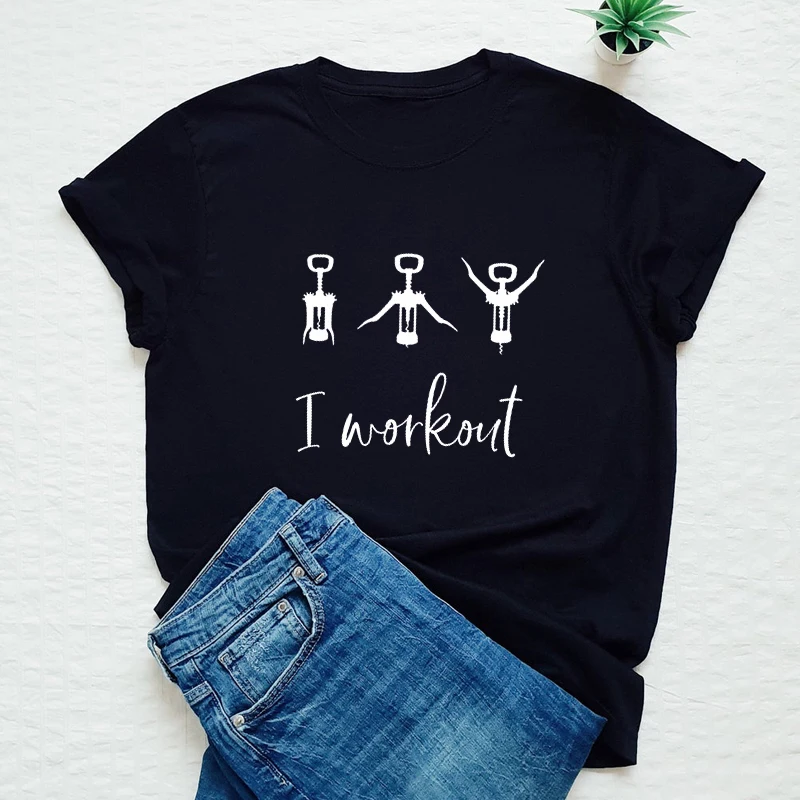 

Cute Women Short Sleeve Graphic Drinking Gift Tshirt Streetwear I Workout T-shirt Funny Wine Humor Tshirt