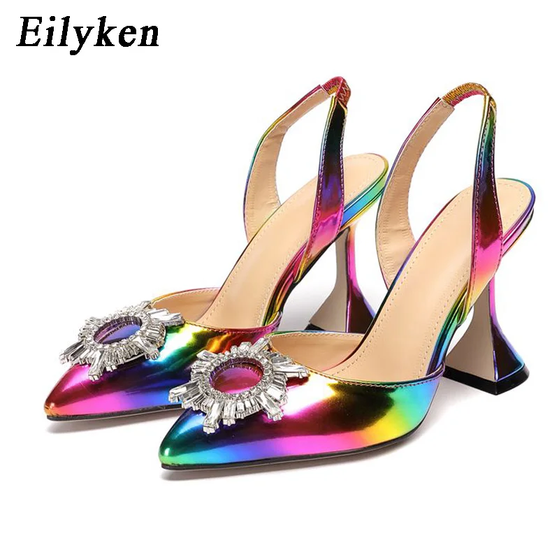 

EilyKen New Design Crystal Diamond Sun-Flower Women Pointed Toe Pumps Sandals Fashion Rainbow Color Strange Cup High Heels