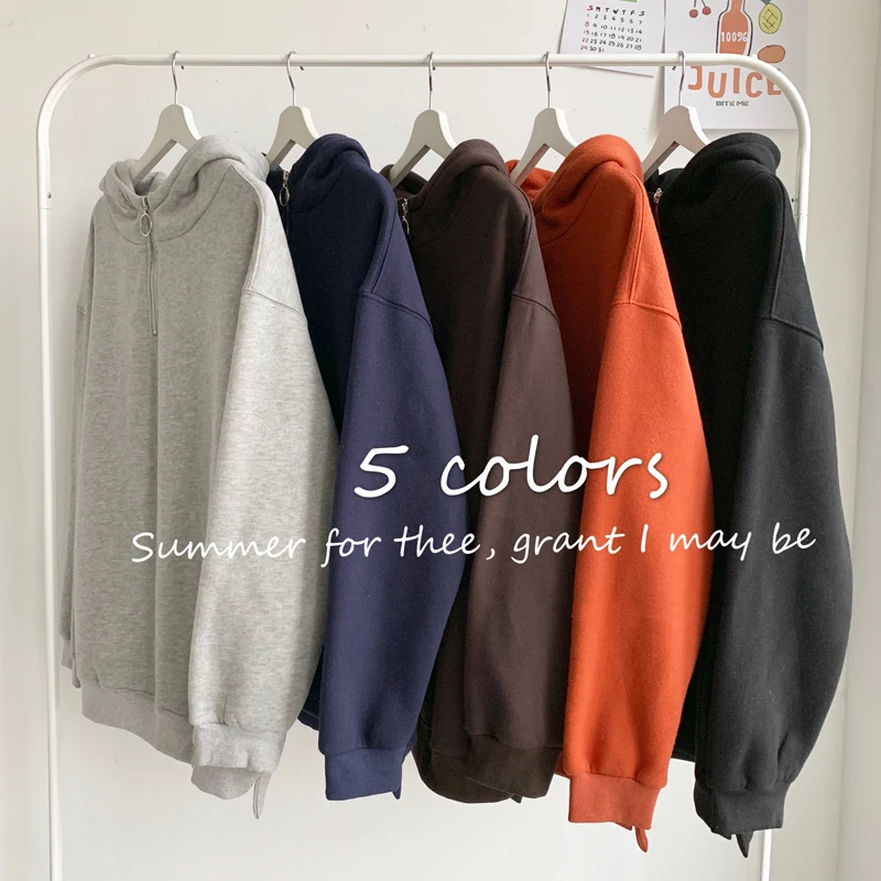 

2020 Spring Men and Women Couples with The Same Color Solid Color Zipper Hooded Loose Leisure Hedging Sports Five Colors