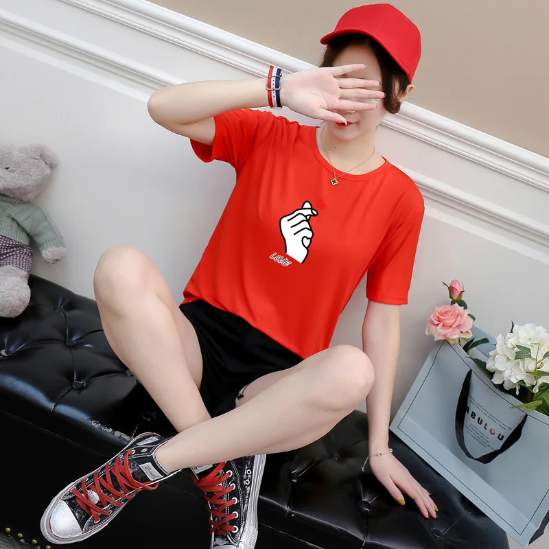 

Korean Fashion Classic Red Heart Love Personality Pattern Printed T-shirt Multi-color Round Neck Women's Short Sleeves Casual