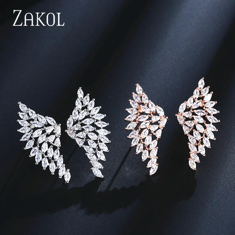 ZAKOL женские серьги-гвоздики с большими крыльями и блестящим цирконием в