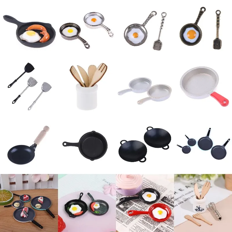 

1:12 Dollhouse Miniature Egg Sausage Frying Pan Fryer Set Egg Beater Spatula Fork Whisk Jar Set Kitchen Accessories Toys Deco