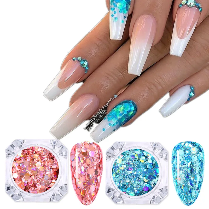 1 Box Blue Shining Chrome Glitter Flakes Sparkly 3D Hexagon Colorful Sequins Spangles Polish Manicuring Nails Art Decorations | Красота и