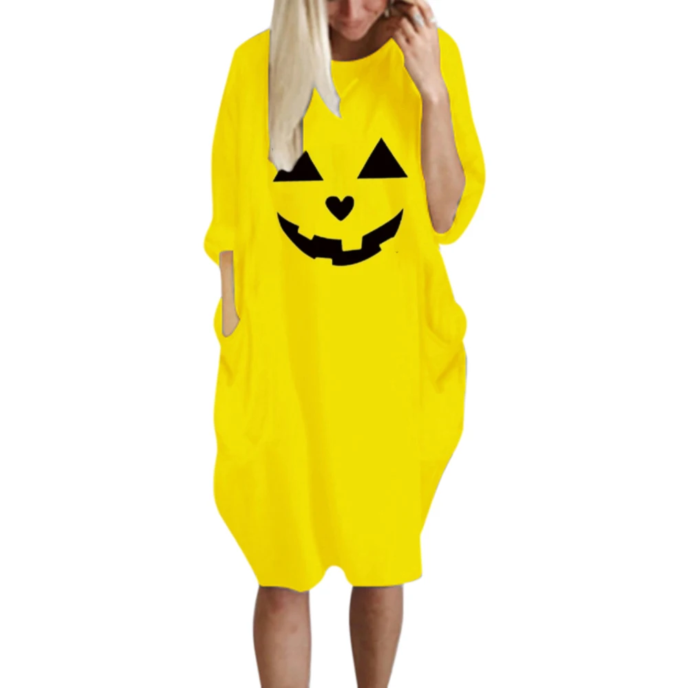 

VICABO 5XL Хэллоуин Забавный принт женское платье с длинным рукавом прямые платья карманы Повседневная праздничная одежда