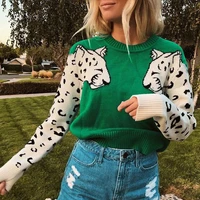 women sweater fashion autumn knitting animal print patchwork o neck long sleeve pullover casual loose soft warm sweatertop 45