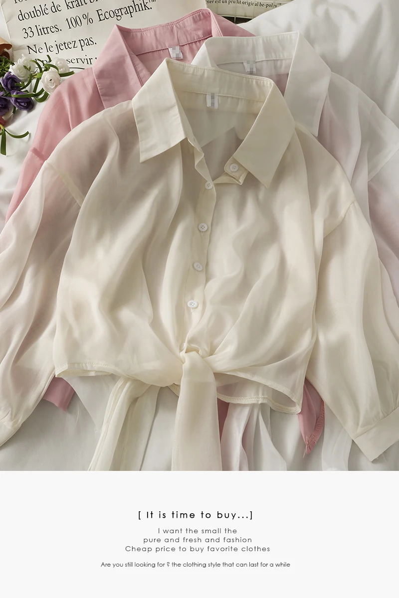 

2021 long-sleeved loose top women's summer thin sunscreen shirt tie front blouse fairy