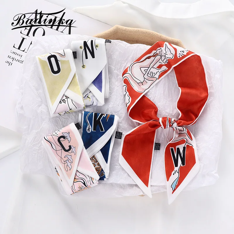 

26 Initial Letter Silk Hair Satin Scarf Bag Twill Skinny Scarves Design Wrist Towel Foulard Neckerchief Headband for Ladies 2021