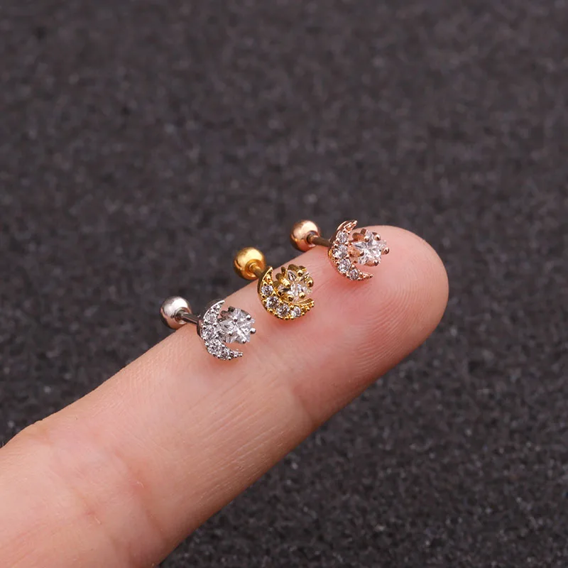 Sellsets 1pc 20G Stainless Steel Helix Piercing Jewelry Cz Moon And Star Cartilage Earring Ear Tragus Conch Rook Screw Back Stud