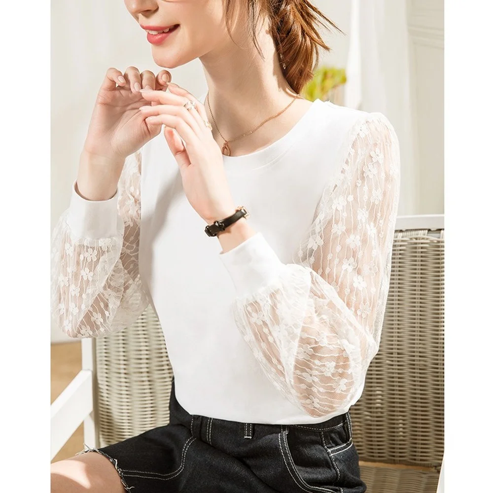 

2021 summer Tops Long Sleeve Lace Patchwork Puff Sleeve Spring Autumn Women T-shirts Basic Slim Fit Korean O-neck Woman Tshirts