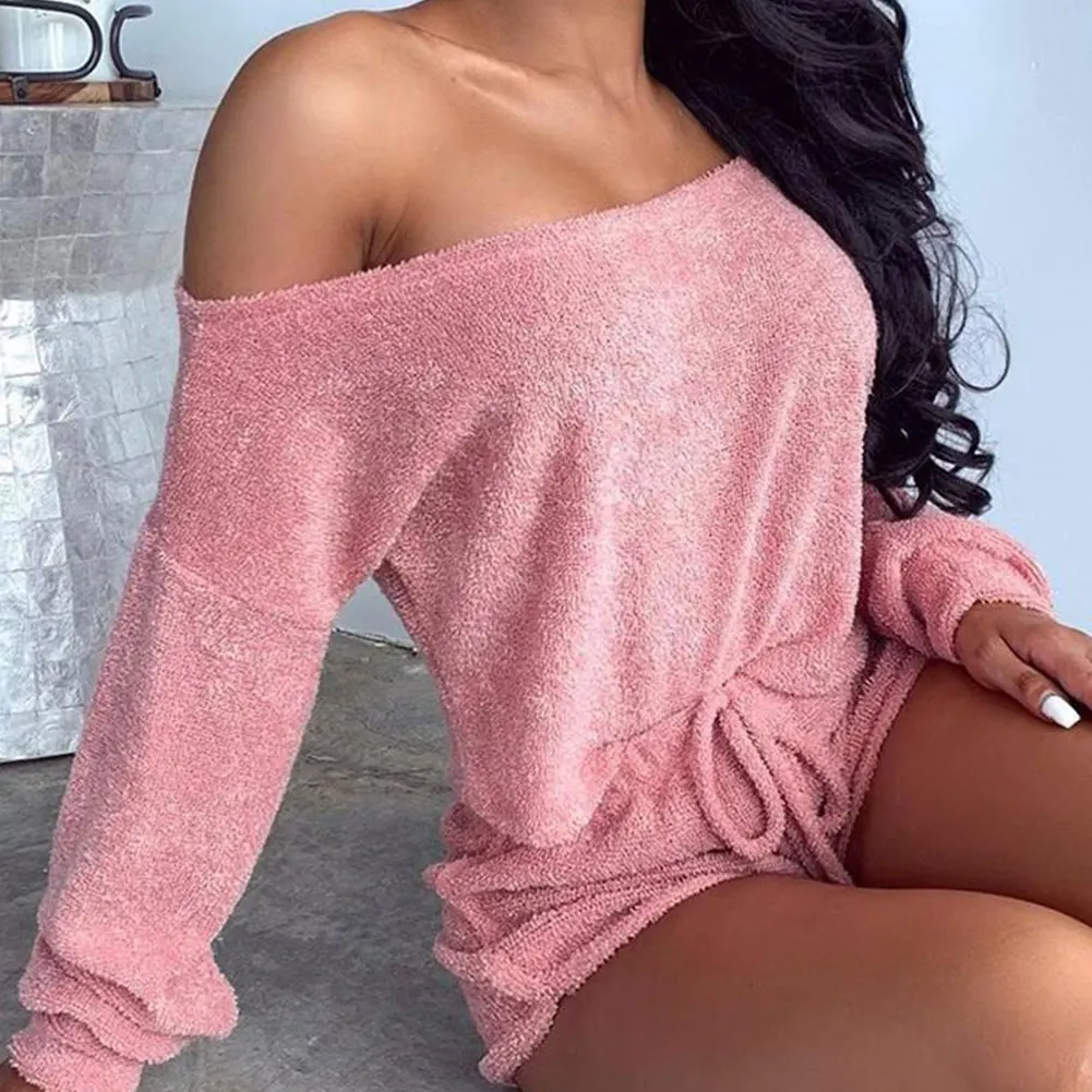 

2020 women's fluffy round neck long sleeve shorts suit underwear pink home casual suit long sleeve top lace shorts